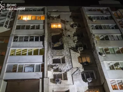 This photo provided by the Ukrainian Emergency Service shows a residential building after a Russian drone attack in Odesa, Ukraine, Saturday, March 28, 2026. (Ukrainian Emergency Service via AP)