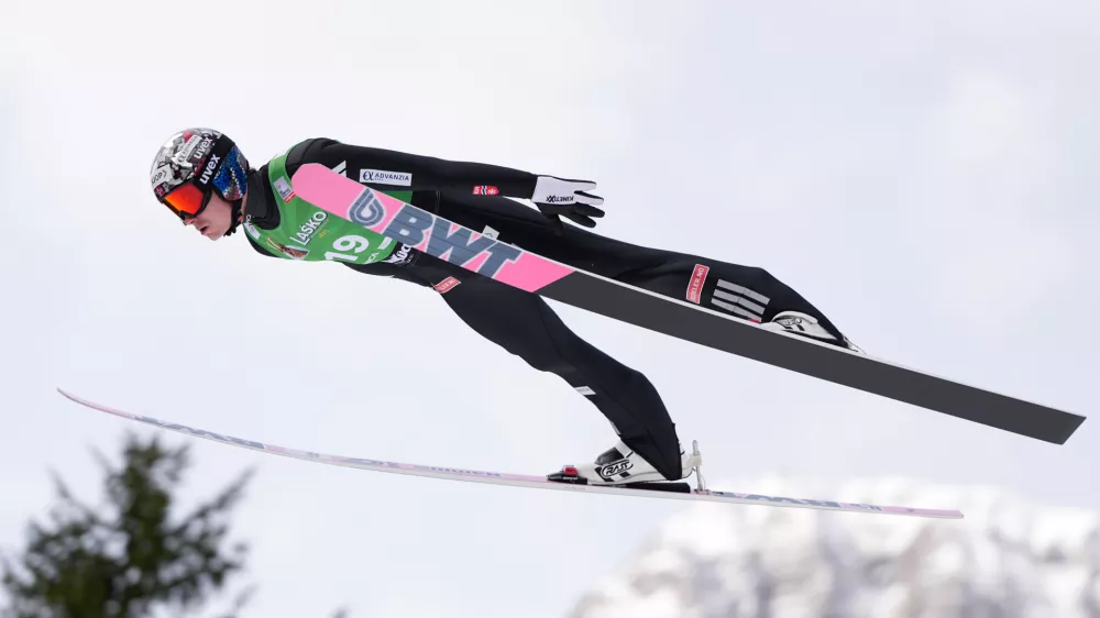 Norway's Marius Lindvik in action during the individual Flying Hill competition at the Ski Jumping World Cup event in Planica, Slovenia, Sunday, March 29, 2026. (AP Photo/Darko Bandic)