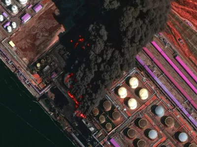 A satellite near-infrared image shows smoke rising from Russia's Baltic port of Ust-Luga after a Ukrainian attack, in Ust-Luga, Leningrad Oblast, March 27, 2026. Vantor/Handout via REUTERS THIS IMAGE HAS BEEN SUPPLIED BY A THIRD PARTY. NO RESALES. NO ARCHIVES. MANDATORY CREDIT. MUST NOT OBSCURE LOGO.