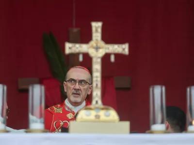 Cardinal Pierbattista Pizzaballa, the Latin Patriarch of Jerusalem, holds a prayer service to mark Palm Sunday in Jerusalem, Sunday, March 29, 2026. (Ammar Awad/Pool Photo via AP)