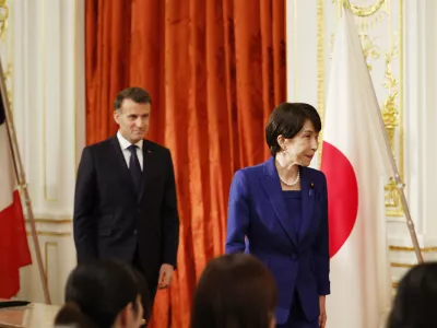 Japanese Prime Minister Sanae Takaichi, right, and French President Emmanuel Macron arrive for signing ceremony at the Akasaka Palace state guest house in Tokyo Wednesday, April 1, 2026. (Franck Robichon/Pool Photo via AP)