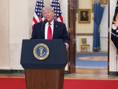 President Donald Trump speaks about the Iran war from the Cross Hall of the White House on Wednesday, April 1, 2026, in Washington. (Doug Mills/The New York Times via AP Pool)
