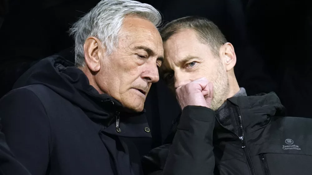 Soccer Football - FIFA World Cup - UEFA Qualifiers - Finals - Bosnia and Herzegovina v Italy - Bilino Polje Stadium, Zenica, Bosnia and Herzegovina - March 31, 2026 UEFA vice-president Gabriele Gravina and UEFA president Aleksander Ceferin in the stands before the match REUTERS/Matteo Ciambelli