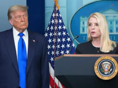 FILE - Attorney General Pam Bondi speaks to reporters as President Donald Trump listens, June 27, 2025, in the briefing room of the White House in Washington. (AP Photo/Jacquelyn Martin, File)
