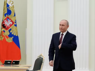 Russian President Vladimir Putin arrives to meet Armenian Prime Minister Nikol Pashinyan at the Kremlin in Moscow, Russia, Wednesday, April 1, 2026. (AP Photo/Pavel Bednyakov, Pool)