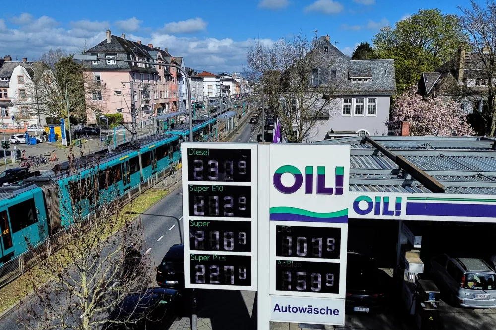 Gas prices are displayed at a gas station in Frankfurt, Germany, Wednesday, April 1, 2026. (AP Photo/Michael Probst)