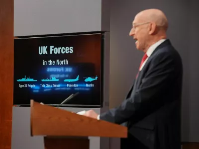 Britain's Defence Secretary John Healey delivers a statement on recent UK operational activity, he said the UK and allies monitored a Russian attack submarine and two spy submarines in the North Atlantic for a month before they retreated, at 9 Downing Street in Westminster, central London, Britain, April 9, 2026.  Yui Mok/Pool via REUTERS