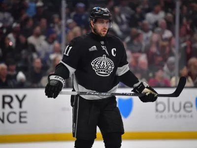 Apr 4, 2026; Los Angeles, California, USA; Los Angeles Kings center Anze Kopitar (11) during the first period at Crypto.com Arena. Mandatory Credit: Gary A. Vasquez-Imagn Images