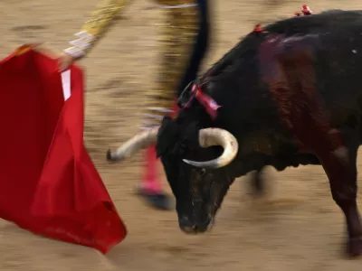 MADRID, SPAIN - APRIL 5: (EDITORS NOTE: Image depicts graphic content) Spanish matador Rafael Serna performs during a bullfight at the Las Ventas bullring in Madrid, Spain, on April 5, 2026. Burak Akbulut / AnadoluNo Use USA No use UK No use Canada No use France No use Japan No use Italy No use Australia No use Spain No use Belgium No use Korea No use South Africa No use Hong Kong No use New Zealand No use Turkey