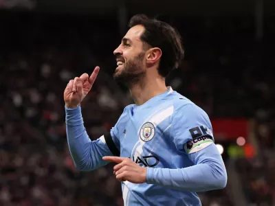 FILE PHOTO: Soccer Football - Premier League - Sunderland v Manchester City - Stadium of Light, Sunderland, Britain - January 1, 2026 Manchester City's Bernardo Silva celebrates scoring a goal that was later disallowed Action Images via Reuters/Lee Smith EDITORIAL USE ONLY. NO USE WITH UNAUTHORIZED AUDIO, VIDEO, DATA, FIXTURE LISTS, CLUB/LEAGUE LOGOS OR 'LIVE' SERVICES. ONLINE IN-MATCH USE LIMITED TO 120 IMAGES, NO VIDEO EMULATION. NO USE IN BETTING, GAMES OR SINGLE CLUB/LEAGUE/PLAYER PUBLICATIONS. PLEASE CONTACT YOUR ACCOUNT REPRESENTATIVE FOR FURTHER DETAILS../File Photo