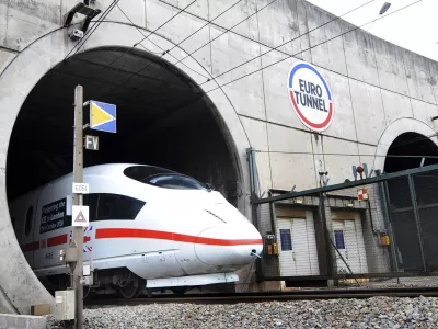 A German ICE high speed train exits the Channel Tunnel that links France to Britain as part of a test, Wednesday Oct. 13, 2010 in Coquelles, northern France. Eurotunnel Chairman will later hold a news conference to discuss planned tests of Siemens-built train that Deutsche Bahn wants to put into service through the under-sea link between Britain and the continent, amid controversy over competitor Eurostar's plans for a .1 billion order for similar trains. (AP Photo)