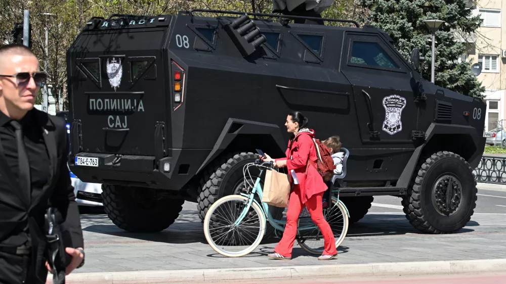 Police guard the Palace of the Republic prior visit of Donald Trump Jr. and meetings with representatives of the authorities of the Republika Srpska, in Banja Luka, Bosnia, Tuesday, April 7, 2026. (AP Photo/Radivoje Pavicic)