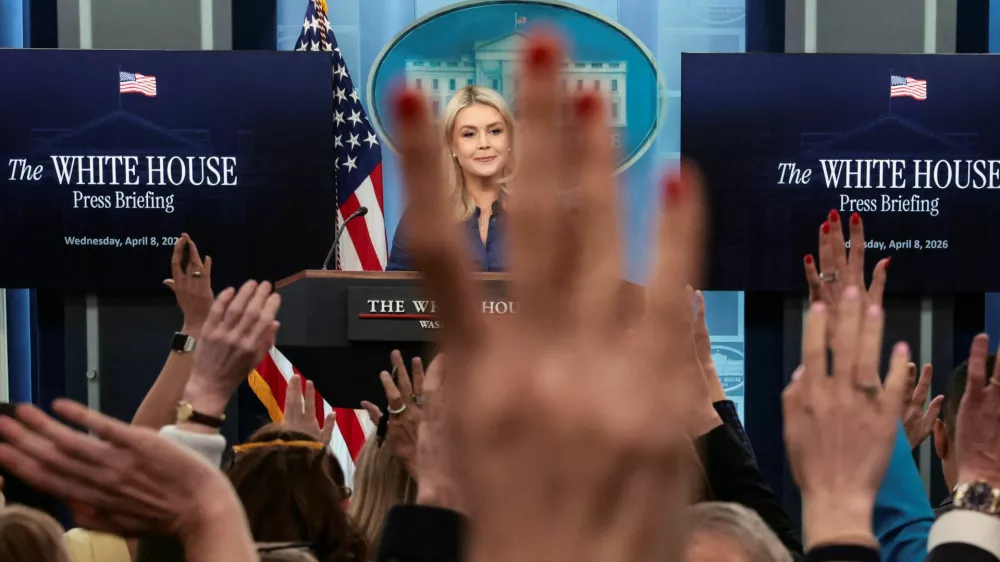 U.S. White House Press Secretary Karoline Leavitt reacts as she takes questions from the media during a press briefing in the James S. Brady Press Briefing Room at the White House in Washington, D.C., U.S., April 8, 2026. REUTERS/Evelyn Hockstein
