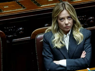 Italy's Prime Minister Giorgia Meloni listens to debate after she reported on her government's actions and was speaking on the latest developments in Iran, at the lower house of Parliament in Rome, Italy, April 9, 2026. REUTERS/Remo Casilli