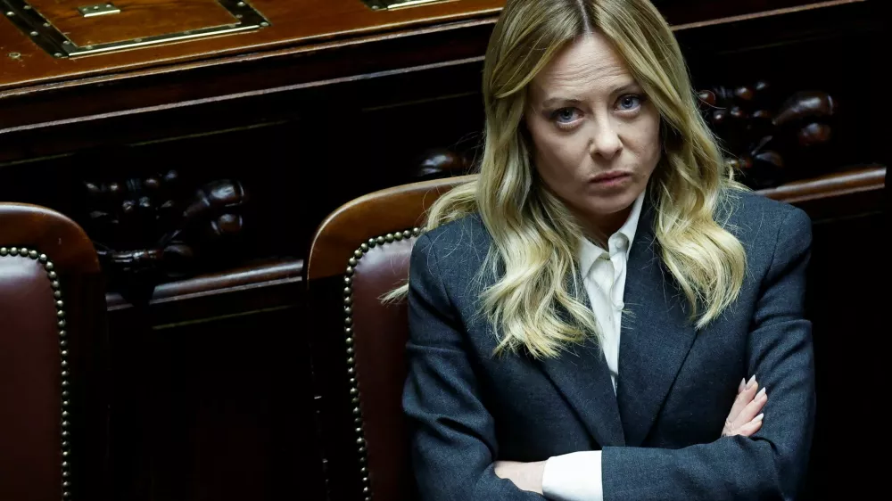 Italy's Prime Minister Giorgia Meloni listens to debate after she reported on her government's actions and was speaking on the latest developments in Iran, at the lower house of Parliament in Rome, Italy, April 9, 2026. REUTERS/Remo Casilli