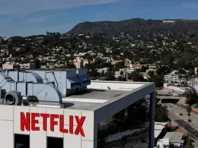 FILE PHOTO: A drone view shows the Netflix logo on one of the company's buildings in the Hollywood neighborhood in Los Angeles, California, U.S., January 20, 2026. REUTERS/Daniel Cole/File Photo