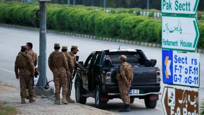 Army soldier arrive at the D Chowk area, near the President's house, as Pakistan prepares to host the U.S. and Iran for peace talks, in Islamabad, Pakistan, April 9, 2026. REUTERS/Akhtar Soomro