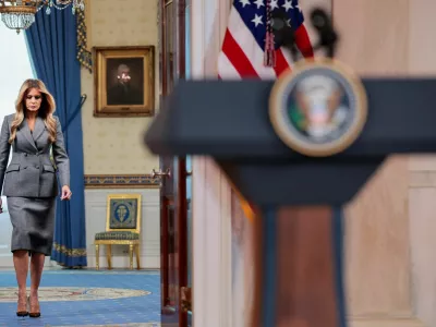 U.S. first lady Melania Trump arrives to deliver remarks regarding the late financier and convicted sex offender Jeffrey Epstein from the Grand Foyer of the White House in Washington, D.C., U.S., April 9, 2026. REUTERS/Evan Vucci