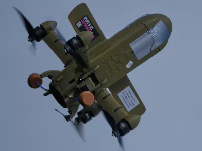 FILE - A Sting interceptor drone flies during drills at the Yatagan School for Unmanned Aerial Systems in the Kyiv region, Ukraine, on March 19, 2026. (AP Photo/Efrem Lukatsky, File)