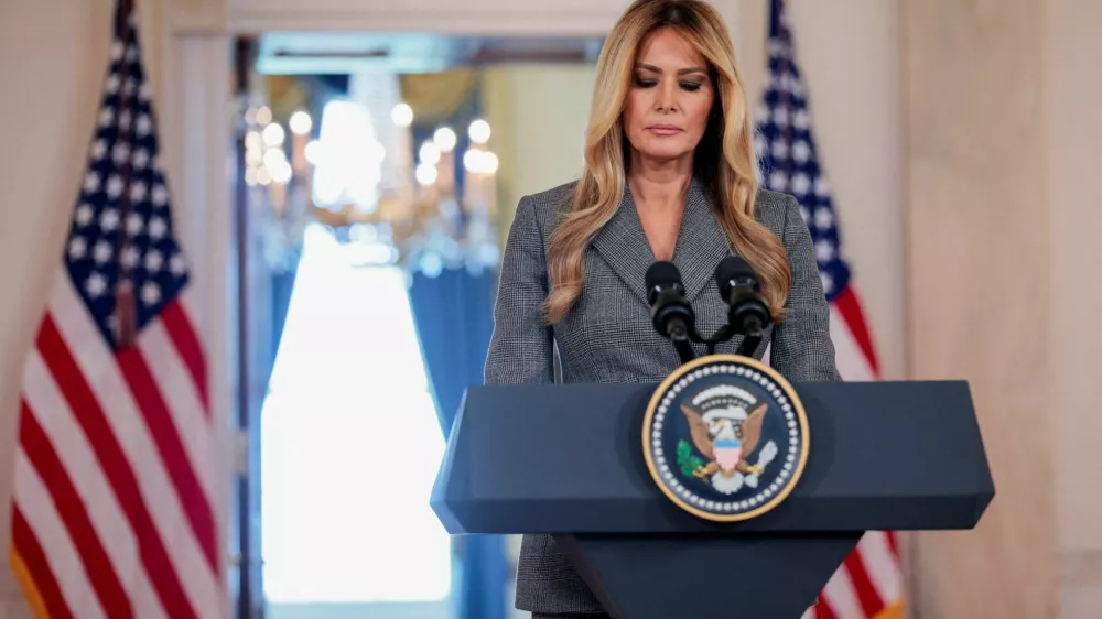 U.S. first lady Melania Trump delivers remarks regarding the late financier and convicted sex offender Jeffrey Epstein from the Grand Foyer of the White House in Washington, D.C., U.S., April 9, 2026. REUTERS/Evan Vucci   TPX IMAGES OF THE DAY
