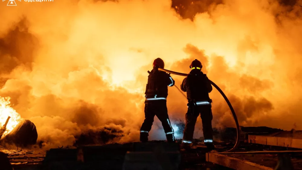 Firefighters work at the site of an overnight Russian drone strike, amid Russia's attack on Ukraine, in Odesa, Ukraine April 11, 2026. Press service of the State Emergency Service of Ukraine in Odesa region/Handout via REUTERS ATTENTION EDITORS - THIS IMAGE HAS BEEN SUPPLIED BY A THIRD PARTY. DO NOT OBSCURE LOGO.