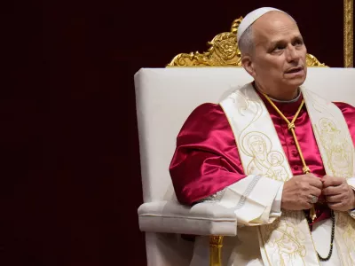 Pope Leo XIV leads a vigil for peace inside St. Peter's Basilica at the Vatican, Saturday, April 11, 2026. (AP Photo/Gregorio Borgia)
