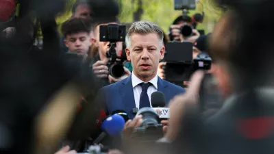 Peter Magyar, leader of the opposition Tisza party, speaks to the media after voting during the Hungarian parliamentary election in Budapest, Hungary, April 12, 2026. REUTERS/Leonhard Foeger