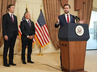 Vice President JD Vance, right, speaks during a news conference after meeting with representatives from Pakistan and Iran as Jared Kushner, left, and Steve Witkoff, Special Envoy for Peace Missions listen, on Sunday, April 12, 2026, in Islamabad, Pakistan. (AP Photo/Jacquelyn Martin, Pool)
