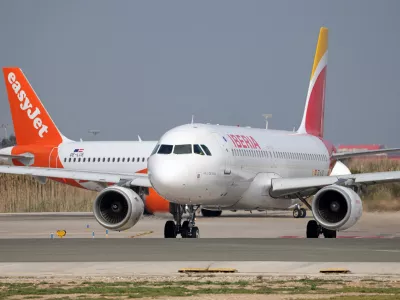 An Iberia Airbus A320-216 and an easyJet Airbus A320-251N on the runway for takeoff from Barcelona-El Prat Airport, in Barcelona, Spain, on March 13, 2026. (Photo by Joan Valls/Urbanandsport/NurPhoto)NO USE FRANCE