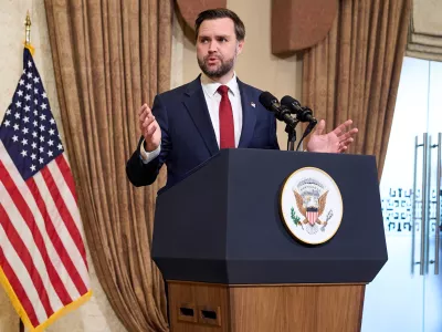 Vice President JD Vance speaks during a news conference after meeting with representatives from Pakistan and Iran, Sunday, April 12, 2026, in Islamabad. (AP Photo/Jacquelyn Martin, Pool)