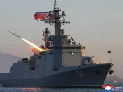 A missile is fired during a test-fire of strategic cruise missiles and anti-warship missiles from the destroyer Choe Hyon, North Korea, April 12, 2026, in this photo released by North Korea's Korean Central News Agency (KCNA), April 14, 2026. KCNA via REUTERS ATTENTION EDITORS - THIS IMAGE WAS PROVIDED BY A THIRD PARTY. REUTERS IS UNABLE TO INDEPENDENTLY VERIFY THIS IMAGE. NO THIRD PARTY SALES. SOUTH KOREA OUT. NO COMMERCIAL OR EDITORIAL SALES IN SOUTH KOREA.   TPX IMAGES OF THE DAY