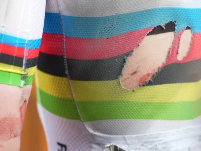 A detail on the jersey of Slovenia's Tadej Pogacar of UAE Team Emirates XRG after winning the men's elite race of the Milano-Sanremo one day cycling race (298 km) from Pavia to Sanremo, Italy, March 21, 2026. (Massimi Paolone/LaPresse via AP)