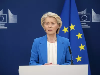 Belgija, Bruselj.Predsednica Evropske komisije Ursula von der Leyen na novinarski konferenci po seji kolegija Evropske komisije.Predstavila je stalisce in prednostne naloge EU ter nacrt prihodnjih ukrepov EU glede razvoja dogodkov na Bliznjem vzhodu in odnosov z izvoljenim madzarskim premierjem.