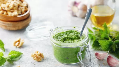 Vegetarian nettle, garlic and walnut pesto. Close up of jar of homemade nettle pesto with walnuts and garlic. / Foto: Gojak Getty Images/istockphoto
