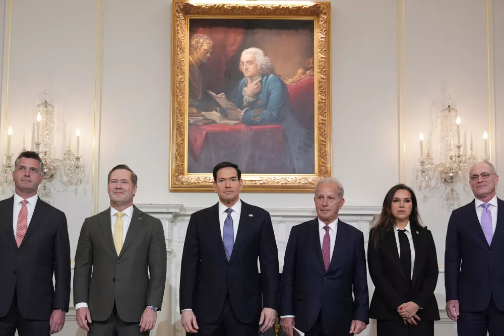 From left, Michael Needham, counselor for the U.S. Dept. of State, U.S. Ambassador to the United Nations Mike Waltz, Secretary of State Marco Rubio, U.S. Ambassador to Lebanon Michel Issa, Lebanese Ambassador to the U.S. Nada Hamadeh Moawad, and Israeli Ambassador to the U.S. Yechiel Leiter pose for a photo before a meeting at the State Department in Washington, Tuesday, April 14, 2026. (AP Photo/Jacquelyn Martin)