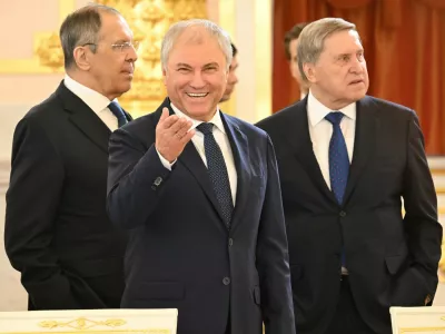 From left to right: Russian Foreign Minister Sergey Lavrov, State Duma Speaker Vyacheslav Volodin and Presidential Aide Yuri Ushakov before the meeting.Credit: Dmitry Azarov/Kommersant Photo/Sipa USA,Image: 1078473958, License: Rights-managed, Restrictions: *** World Rights Except Russian Federation, Switzerland and Liechtenstein *** CHEOUT LIEOUT RUSOUT, Model Release: no