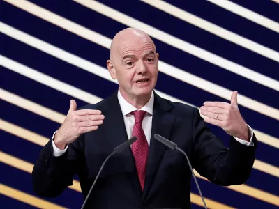 FILE PHOTO: Soccer Football - 50th Ordinary UEFA Congress - Brussels Expo, Brussels, Belgium - February 12, 2026 FIFA president Gianni Infantino speaks during the event REUTERS/Benoit Tessier/File Photo
