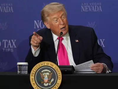 President Donald Trump speaks at a roundtable event about no tax on tips, Thursday, April 16, 2026, in Las Vegas. (AP Photo/Lucas Peltier)