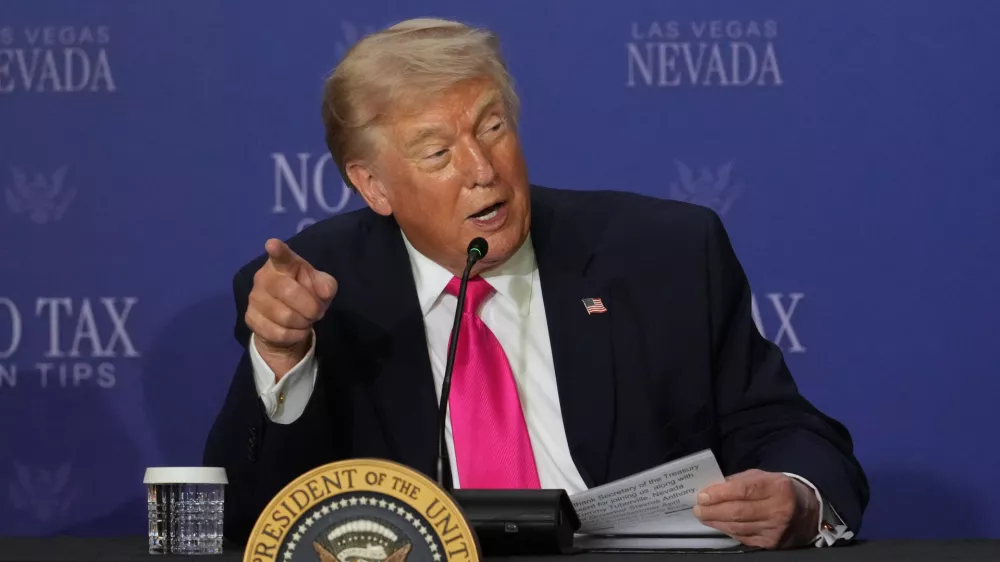President Donald Trump speaks at a roundtable event about no tax on tips, Thursday, April 16, 2026, in Las Vegas. (AP Photo/Lucas Peltier)
