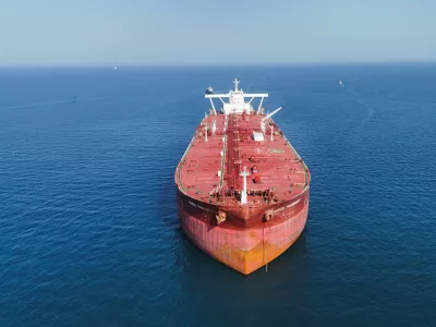 A drone view shows the Malta-flagged tanker Agios Fanourios I, an oil tanker that sailed through the Strait of Hormuz, arriving in Iraq's territorial waters off Basra, Iraq, April 17, 2026. REUTERS/Mohammed Aty