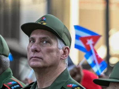 Cuban President Miguel Diaz-Canel attends a ceremony marking the 65th anniversary of Fidel Castro's declaration of the socialist character of the Cuban Revolution, made on the eve of the Bay of Pigs invasion in 1961, in Havana, Cuba April 16, 2026. REUTERS/Norlys Perez   TPX IMAGES OF THE DAY