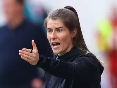 Soccer Football - Bundesliga - 1. FC Union Berlin v VfL Wolfsburg - Stadion An der Alten Forsterei, Berlin, Germany - April 18, 2026 1. FC Union Berlin interim coach Marie-Louise Eta reacts REUTERS/Lisi Niesner DFL REGULATIONS PROHIBIT ANY USE OF PHOTOGRAPHS AS IMAGE SEQUENCES AND/OR QUASI-VIDEO.