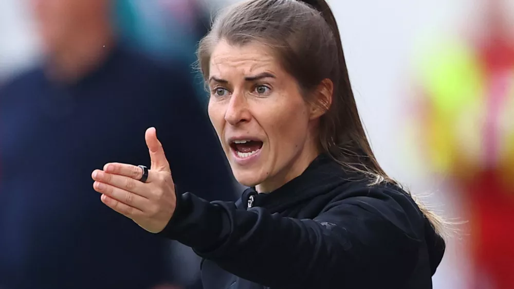 Soccer Football - Bundesliga - 1. FC Union Berlin v VfL Wolfsburg - Stadion An der Alten Forsterei, Berlin, Germany - April 18, 2026 1. FC Union Berlin interim coach Marie-Louise Eta reacts REUTERS/Lisi Niesner DFL REGULATIONS PROHIBIT ANY USE OF PHOTOGRAPHS AS IMAGE SEQUENCES AND/OR QUASI-VIDEO.