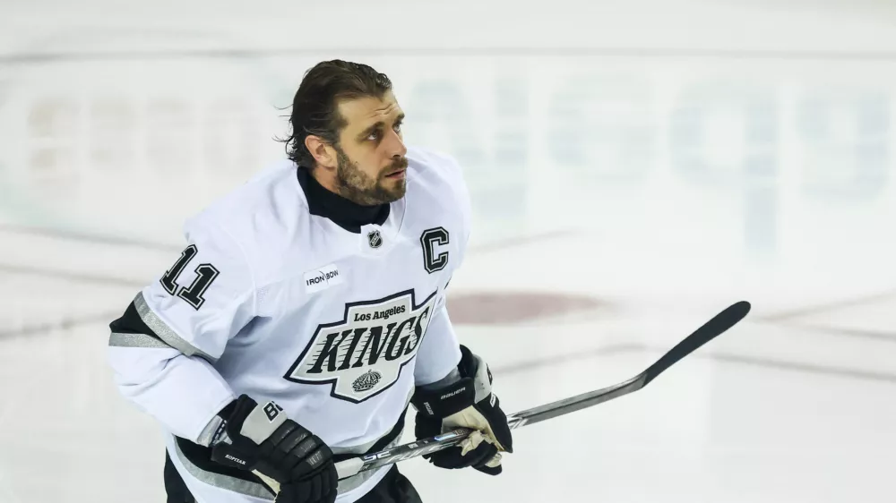 Apr 16, 2026; Calgary, Alberta, CAN; Los Angeles Kings center Anze Kopitar (11) skates during the warmup period against the Calgary Flames at Scotiabank Saddledome. Mandatory Credit: Sergei Belski-Imagn Images