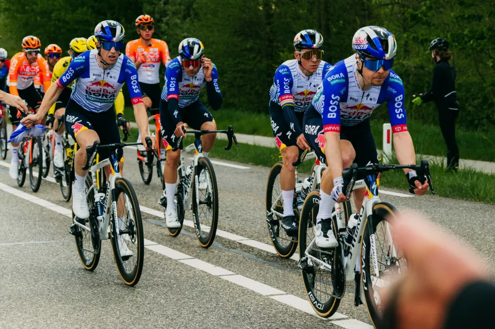 Remco Evenepoel, Haimar Etxeberria, Jan Tratnik and Gianni Vermeersch of the Red Bull &ndash; BORA &ndash; hansgrohe team during the recon of the 60th Amstel Gold Race in Limburg, Netherlands on April 17, 2026. // Twila Federica Muzzi / Red Bull Content Pool // SI202604190431 // Usage for editorial use only // 