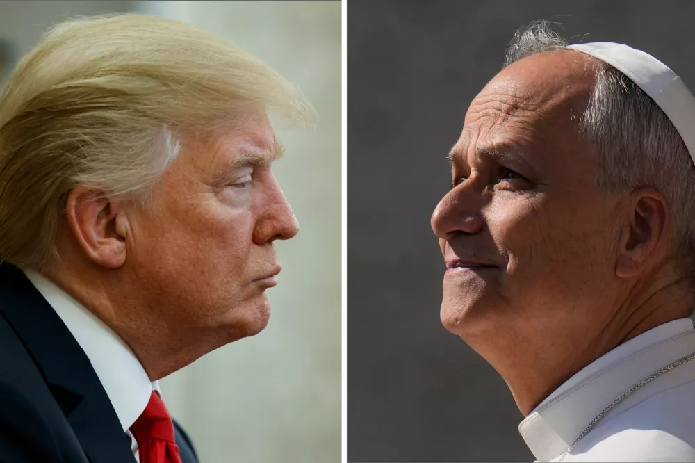 FILE- This combination file photos show on left, President Donald Trump listening during a meeting with North Korean defectors where he talked with reporters about allowing the release of a secret memo on the F.B.I.'s role in the Russia inquiry, in the Oval Office of the White House, on Feb. 2, 2018, in Washington and on right, Pope Leo XIV arriving for his weekly general audience in St. Peter's Square, at the Vatican, on Aug. 6, 2025. (AP Photos/Evan Vucci and Gregorio Borgia, File)