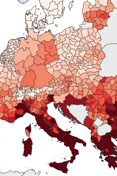 Spremembe v umrljivosti zaradi vročine, izražena kot povečanje &scaron;tevila letnih smrti na milijon prebivalcev v Evropi, pri čemer so primerjali obdobji 1991&ndash;2000 in 2015&ndash;2024. / Foto: Lancet Countdown Europe Report 2026