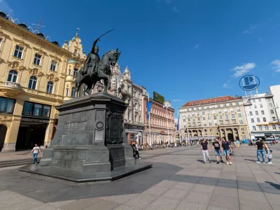 Zagreb, Сroatia - May 7, 2016: Ban Jelacic monument on central city square (Trg bana Jelacica) in Zagreb, Croatia. The oldest standing building here was built in 1827