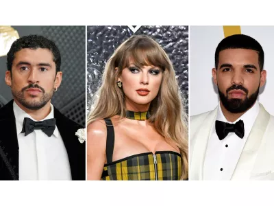 This combination of images show entertainers, from left, Bad Bunny, Taylor Swift and Drake. (AP Photo)