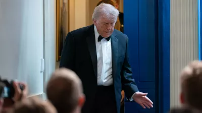 President Donald Trump arrives to speak to the media in the James Brady Press Briefing Room at the White House after an unspecified threat at the annual White House Correspondents' Association Dinner in Washington, Saturday, April 25, 2026, as Vice President JD Vance watches. (AP Photo/Jose Luis Magana)